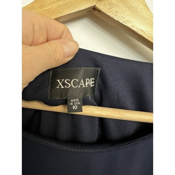 Xscape Capelet Mini Dress Navy Blue Sequin Trim Sheath Sheer Cape Sz 10 - Picture 5 of 12